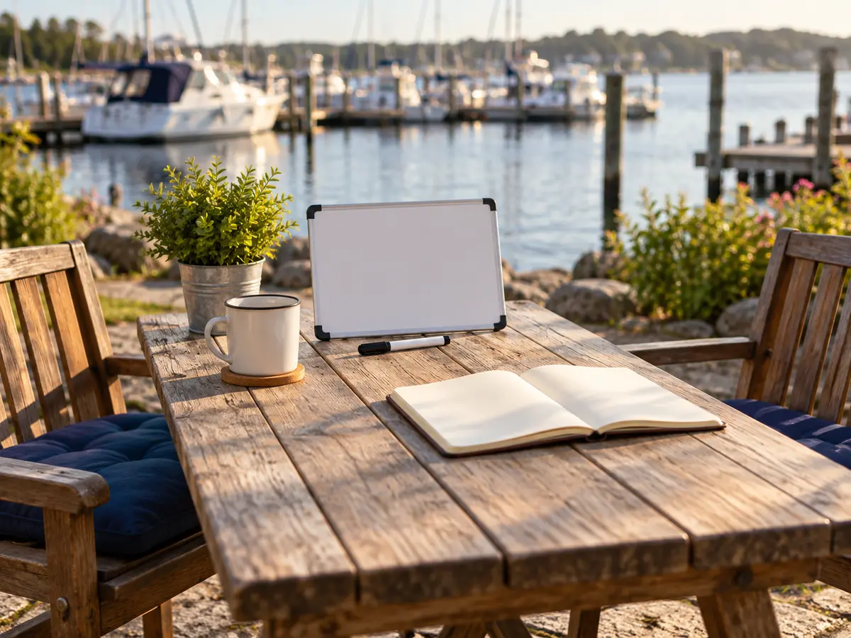 Conceptual quiet shore-side table with blank whiteboard and notebook between two empty chairs