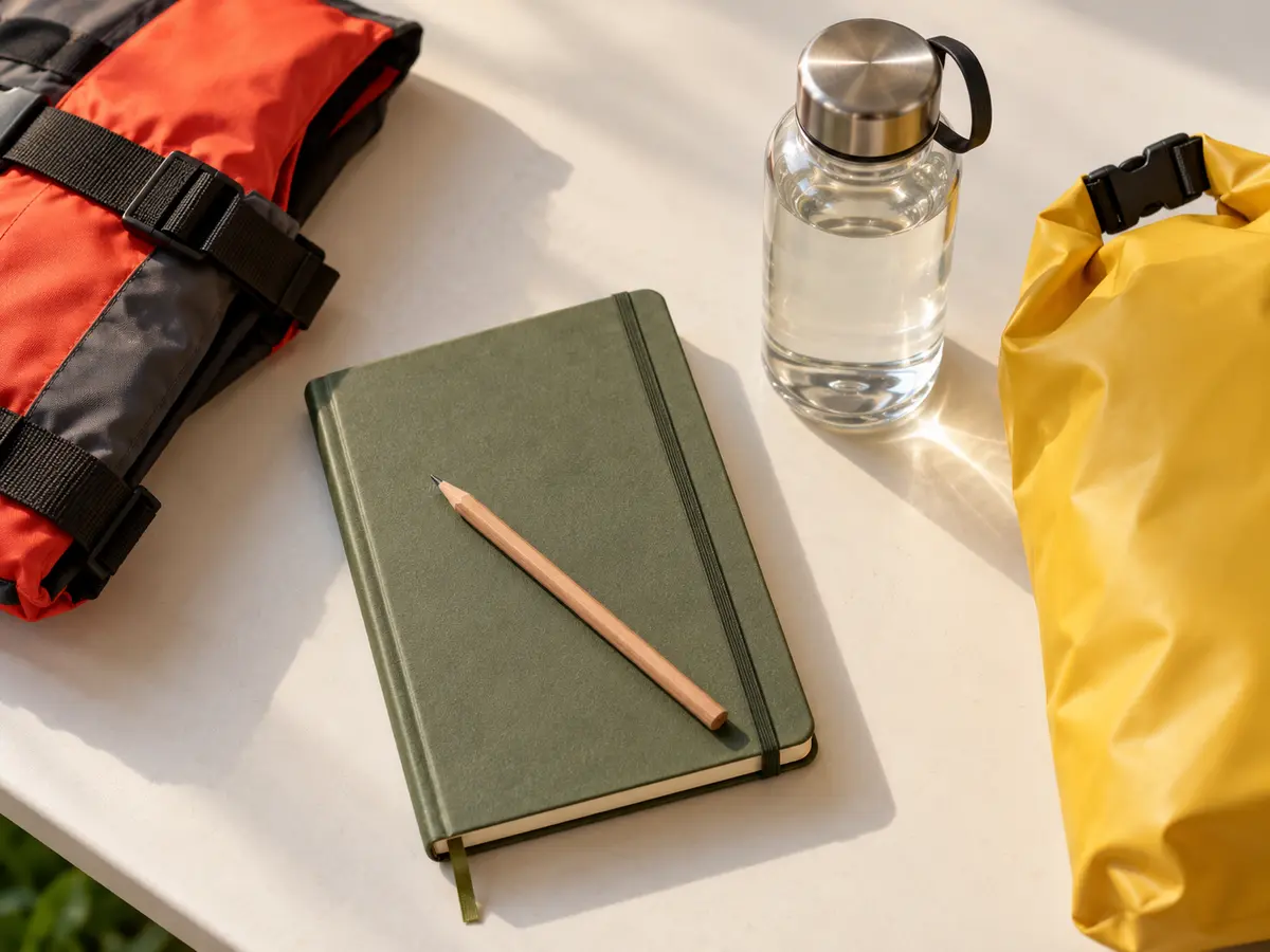 Conceptual no-contact outing kit with closed notebook, pencil, capped water bottle, dry bag and life jacket; no bloom depicted