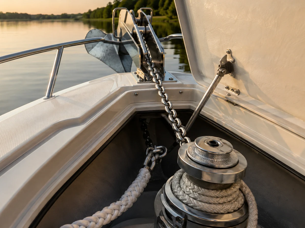 Powerboat anchor locker showing chain, nylon rode, windlass and bow roller
