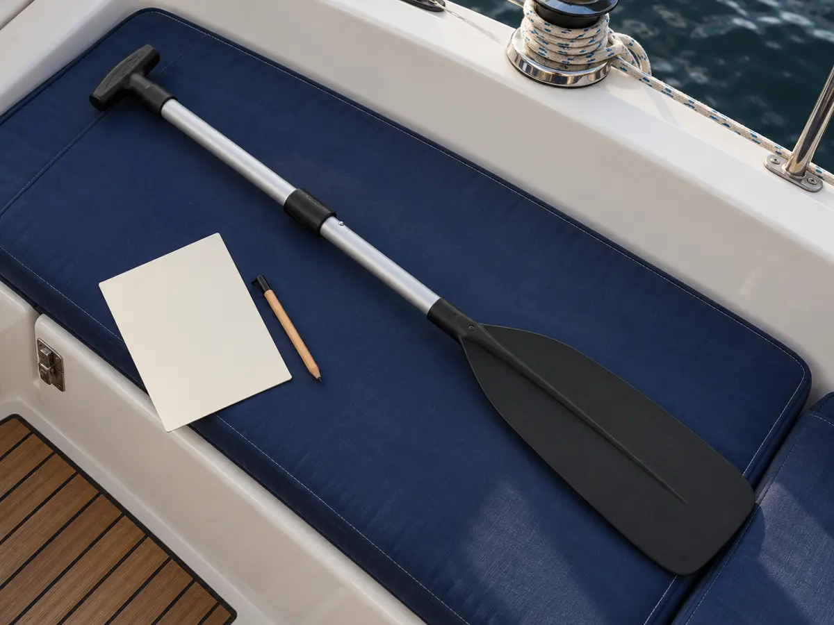 Conceptual unbranded telescoping single-blade paddle on a dry blue bench beside a blank fit card