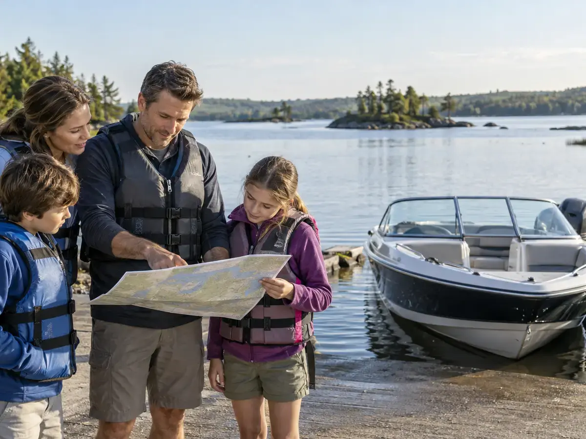 Life-jacketed family reviewing a lake chart beside a runabout at an illustrative northern New York launch