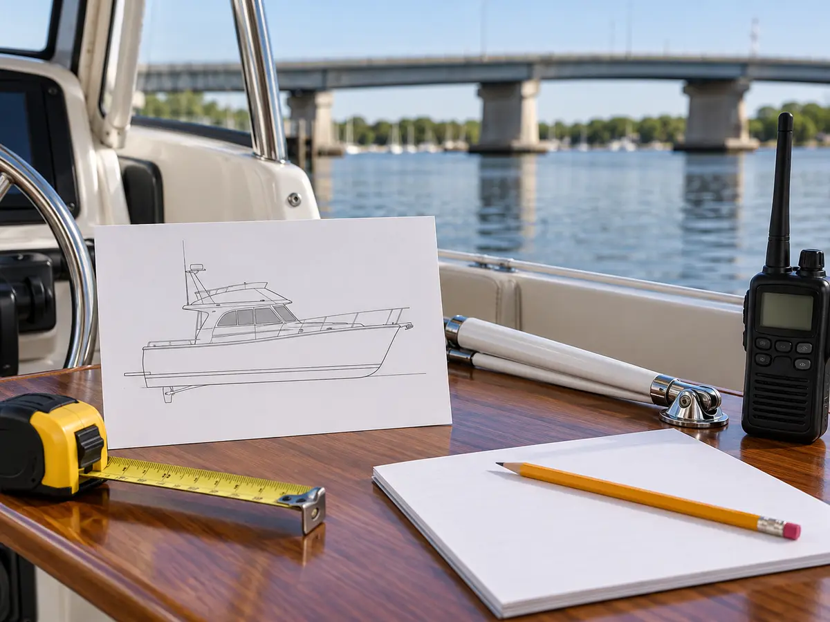 Conceptual boat profile, tape measure, radio and blank bridge-clearance planning card