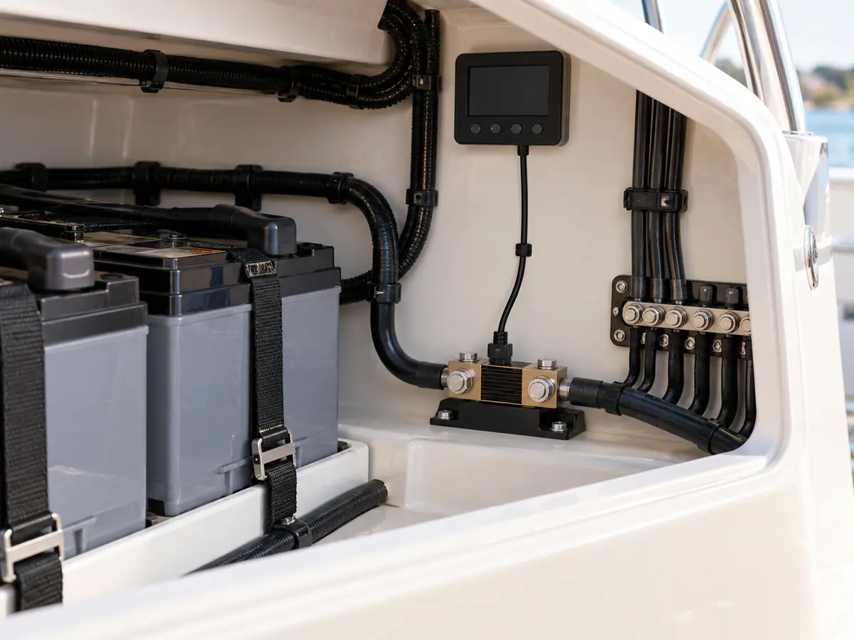 Illustrative clean marine battery compartment with secured batteries, a generic shunt and an unlabeled display