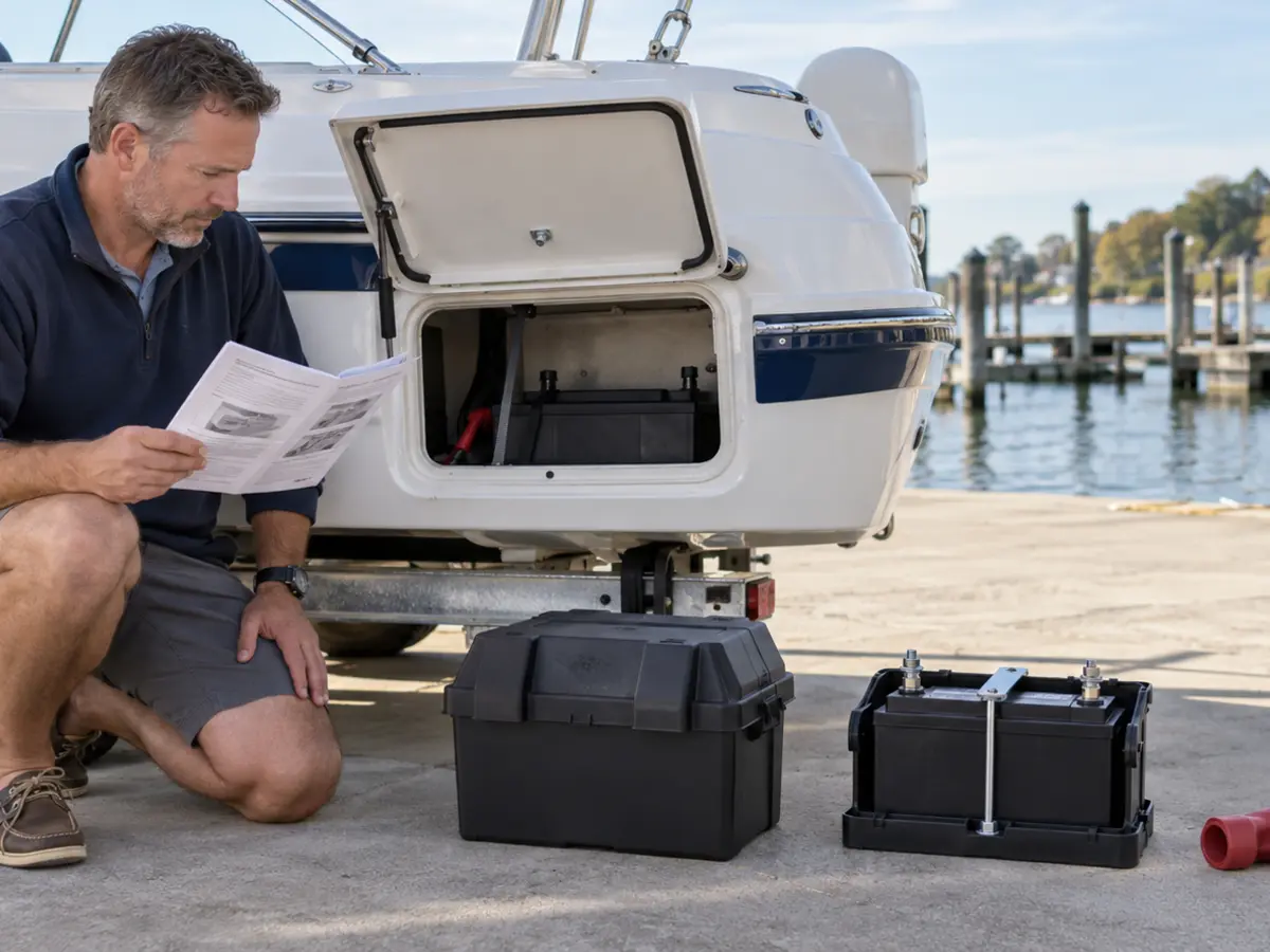 Boat owner reviewing an installation manual with an unbranded battery box, rigid tray and terminal boots staged separately
