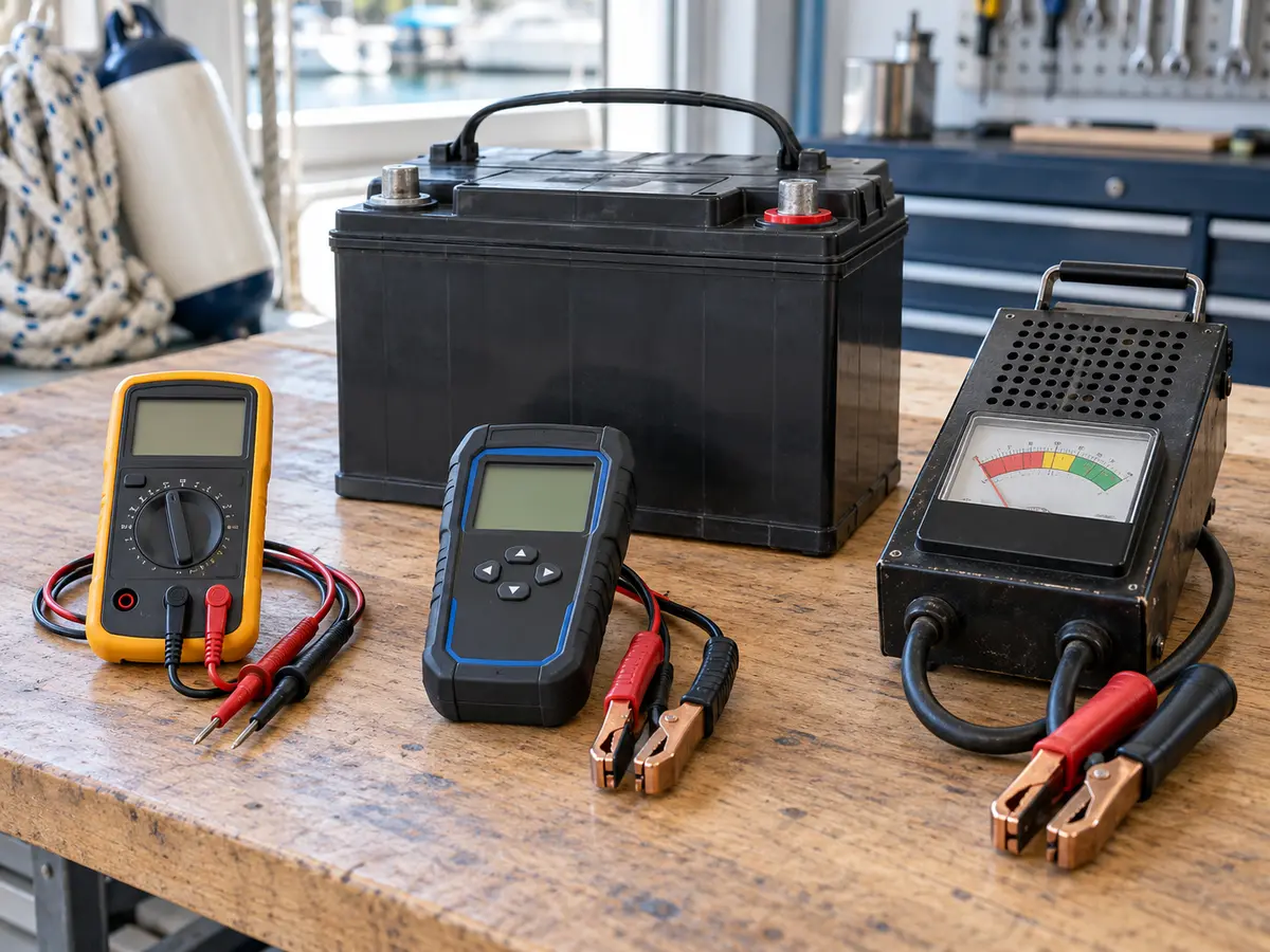 Conceptual unbranded battery, multimeter, conductance tester and load tester arranged separately on a dry bench