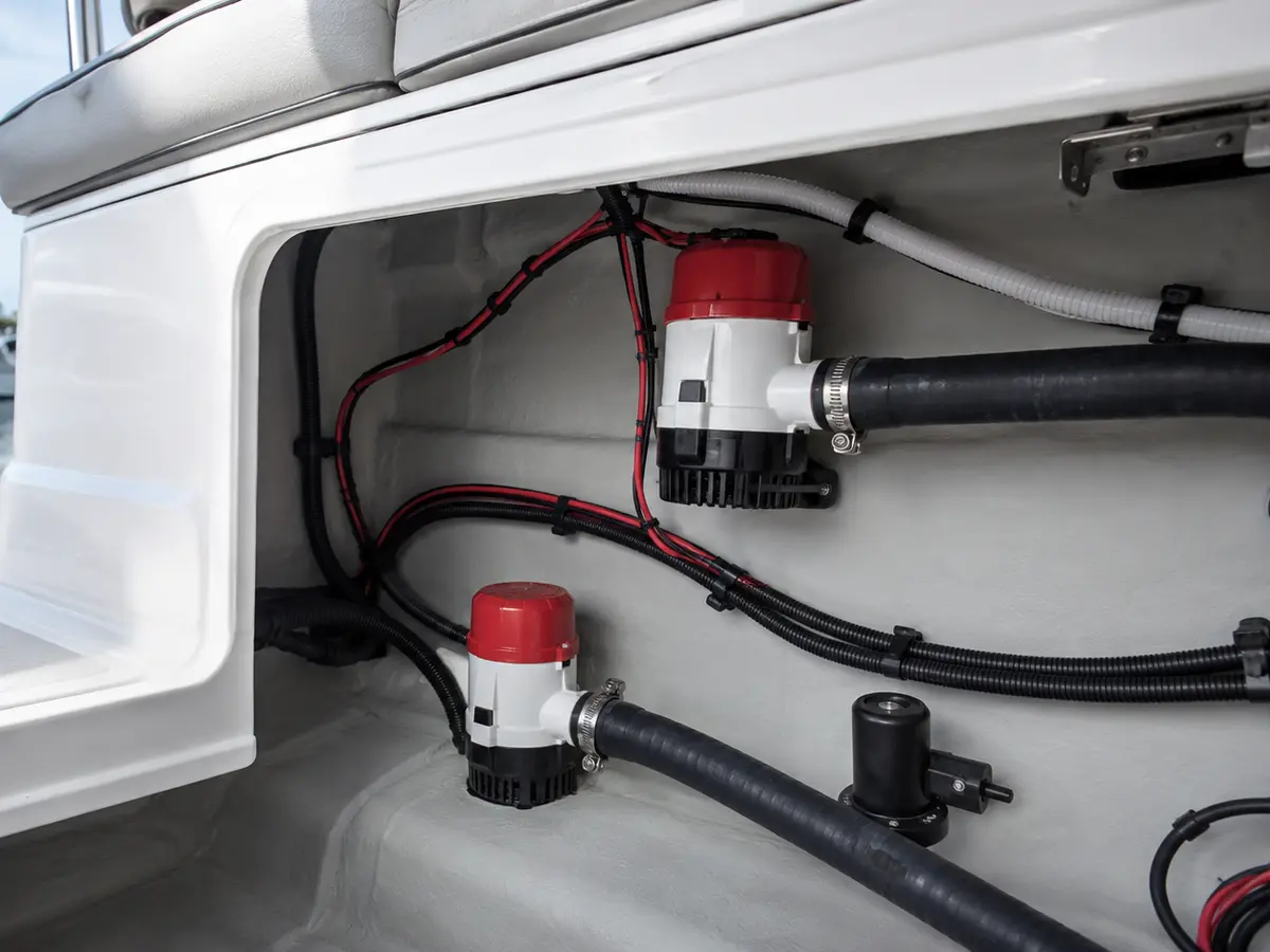 Two electric bilge pumps installed at different heights with organized wiring and discharge hoses