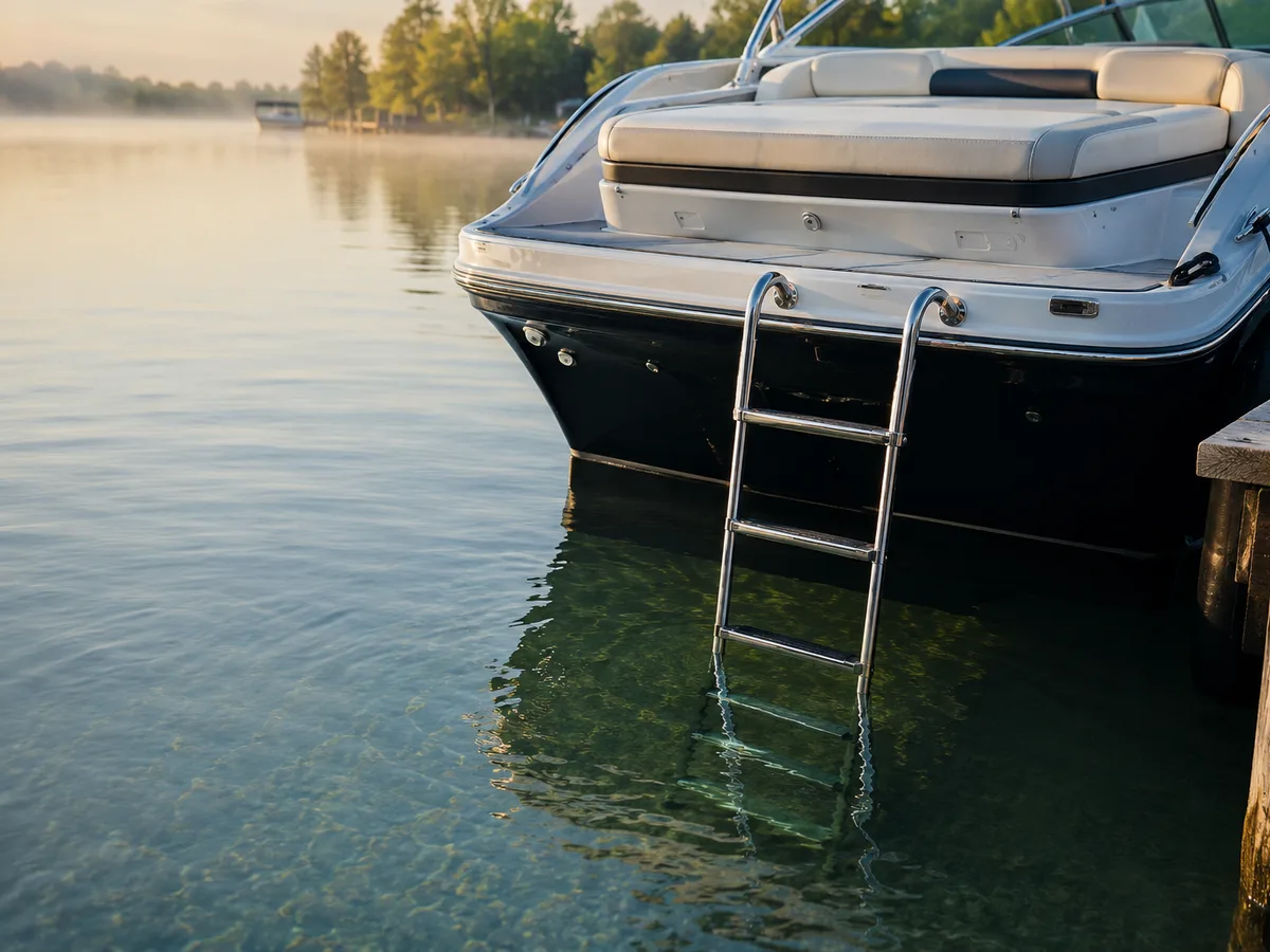 Stainless transom boarding ladder deployed below the water from a family powerboat