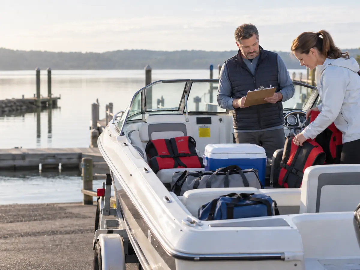 Illustrative adults organizing a cooler, bags and life jackets in a trailered runabout