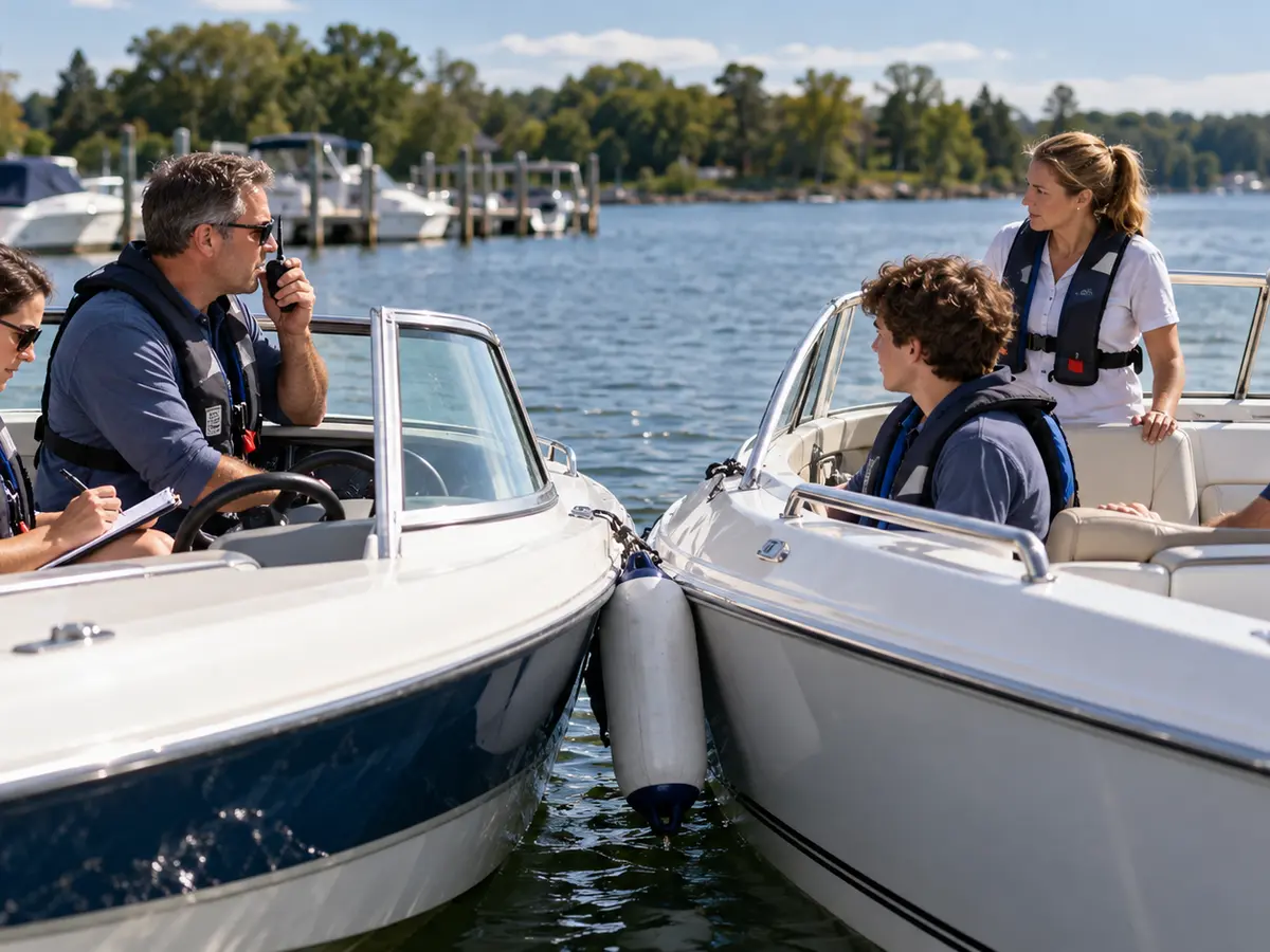 Illustrative crews in life jackets recording facts after minor boat contact
