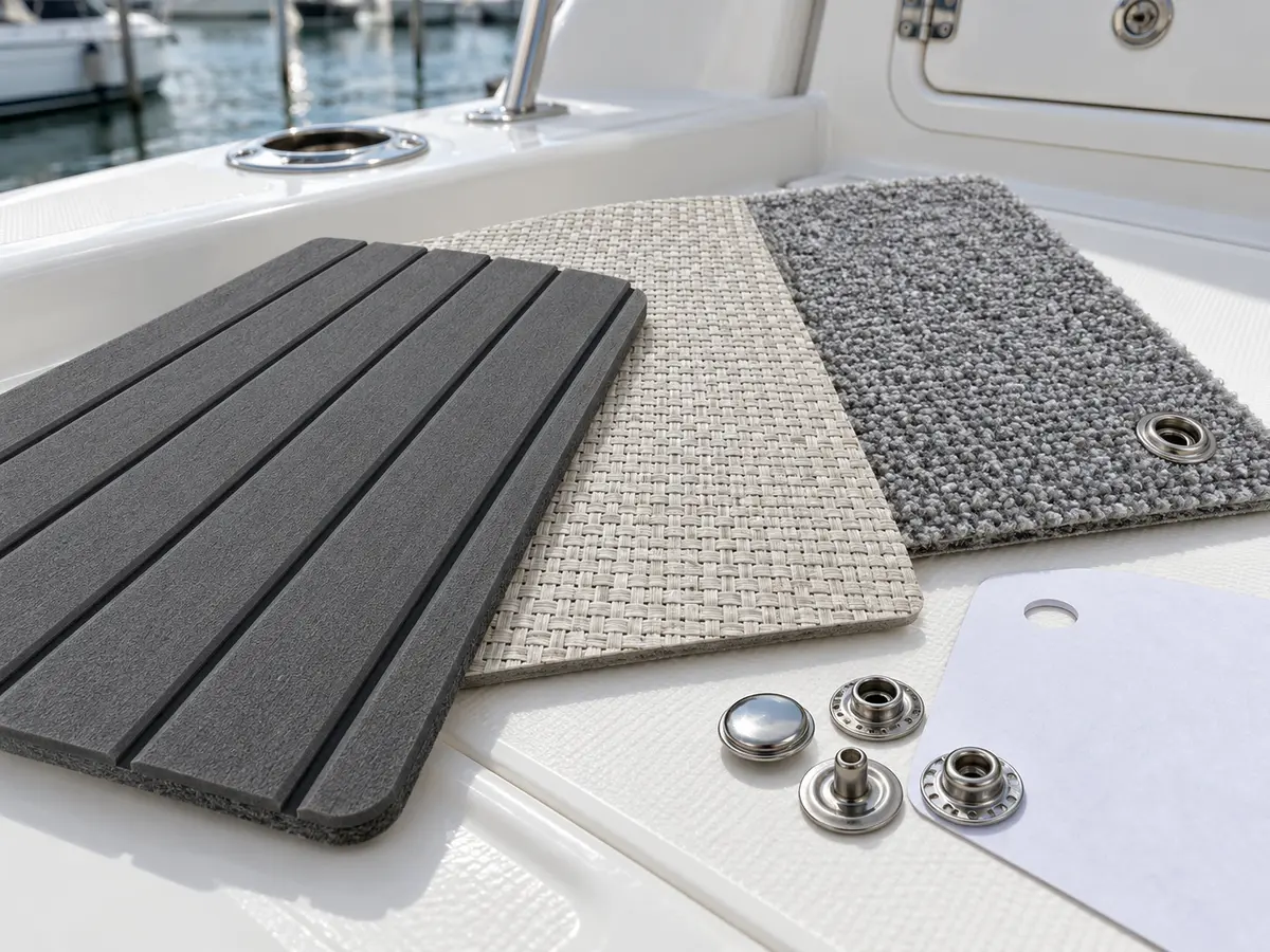 Unbranded marine foam, woven vinyl and snap-in carpet samples on a fiberglass cockpit deck