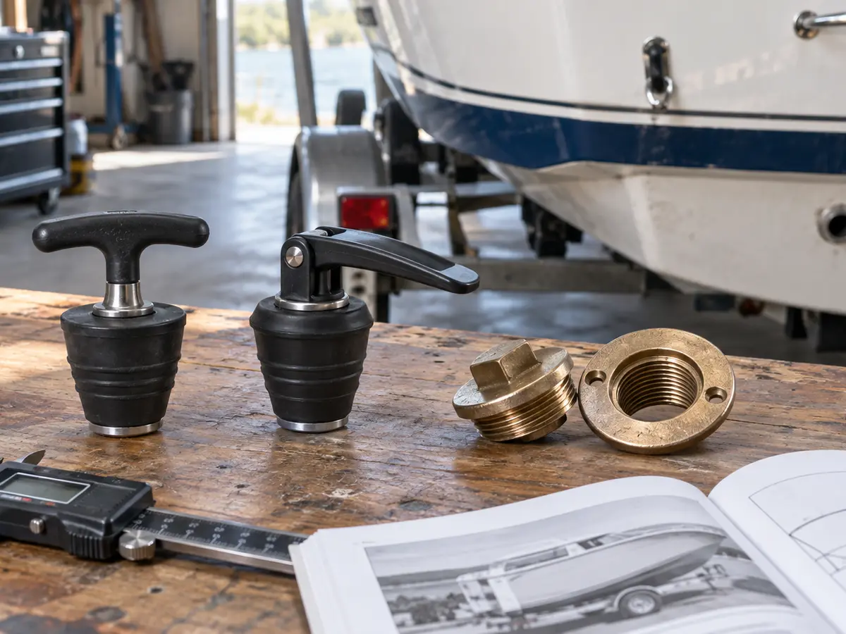 Illustrative unbranded T-handle, lever-lock and threaded boat drain plugs on a marine workbench