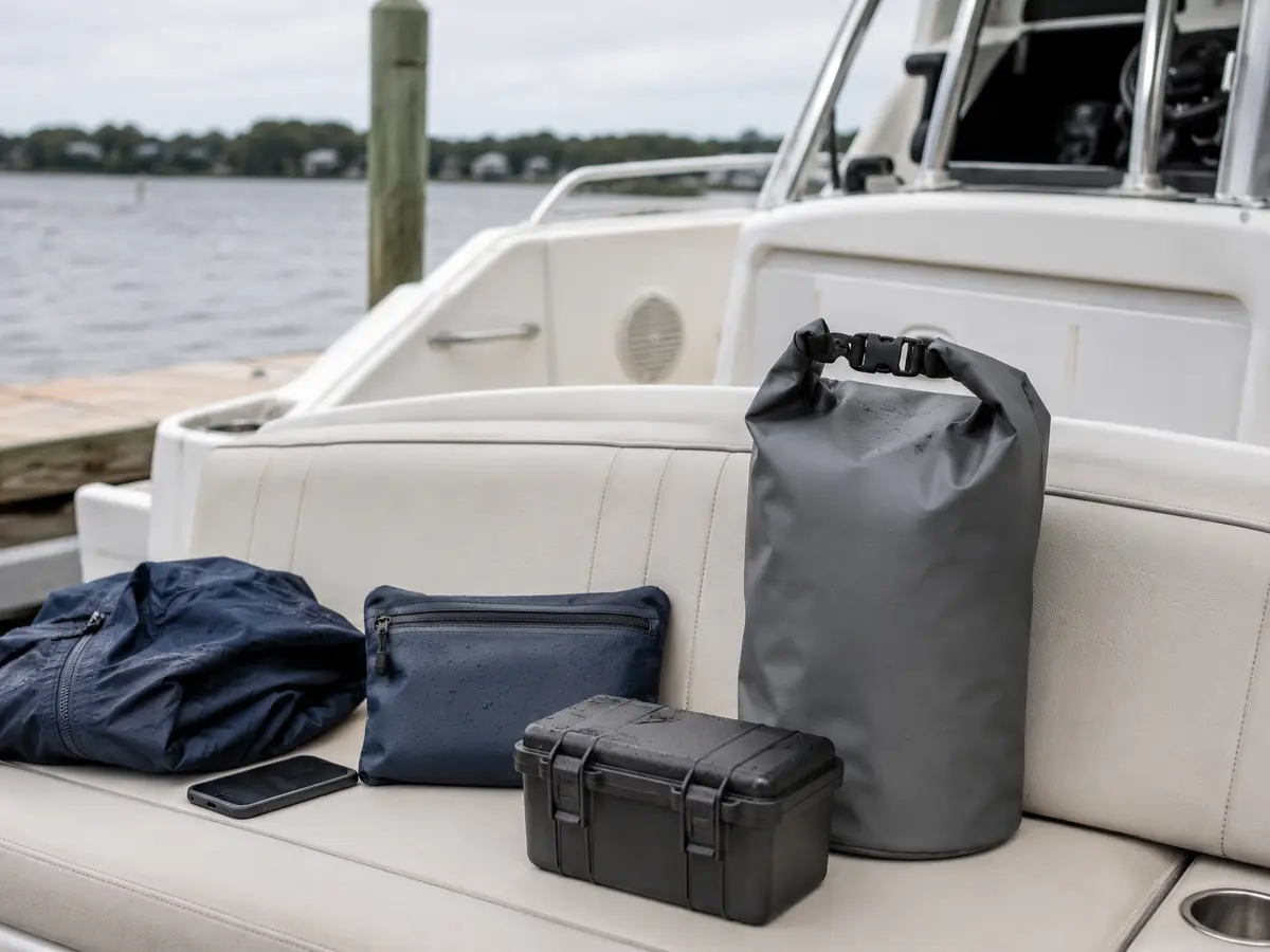 Roll-top dry bag, waterproof zipper pouch and hard case on a family powerboat