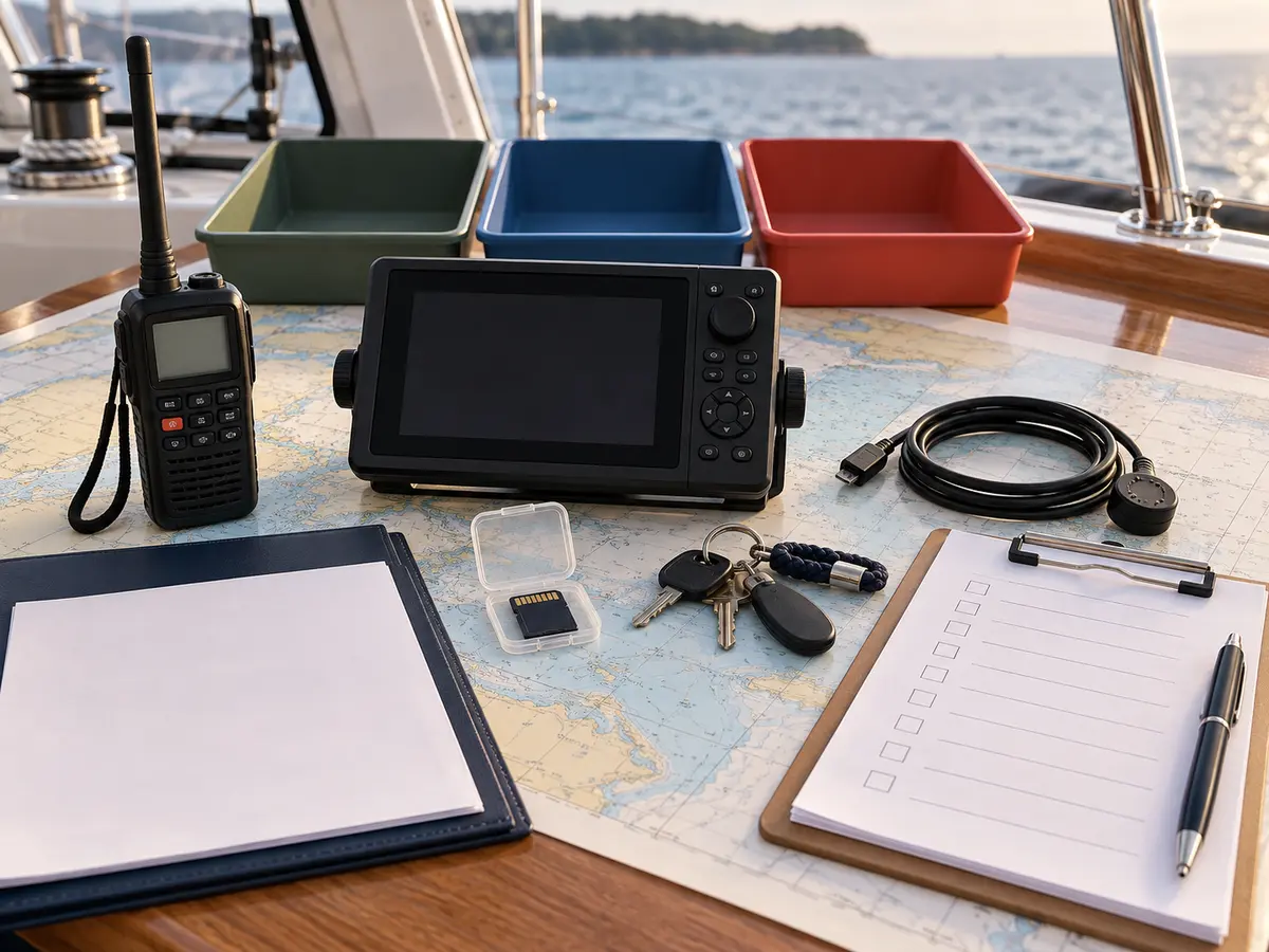 Unbranded VHF, chartplotter, memory card, keys and blank checklist arranged for a retain transfer remove handoff