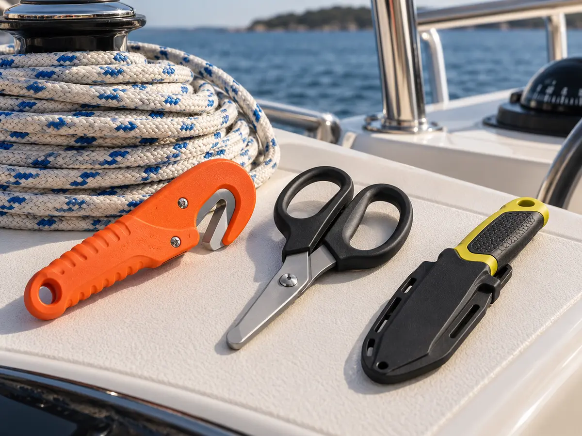 Unbranded hooked line cutter, blunt-tip rescue shears and rounded-tip rescue knife