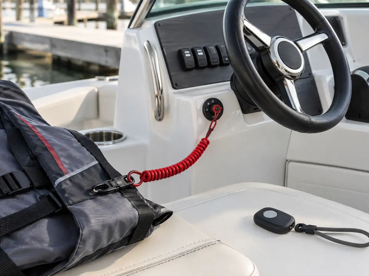 Generic runabout helm with a coiled engine-cutoff lanyard clipped to an unbranded life jacket and a separate wireless fob