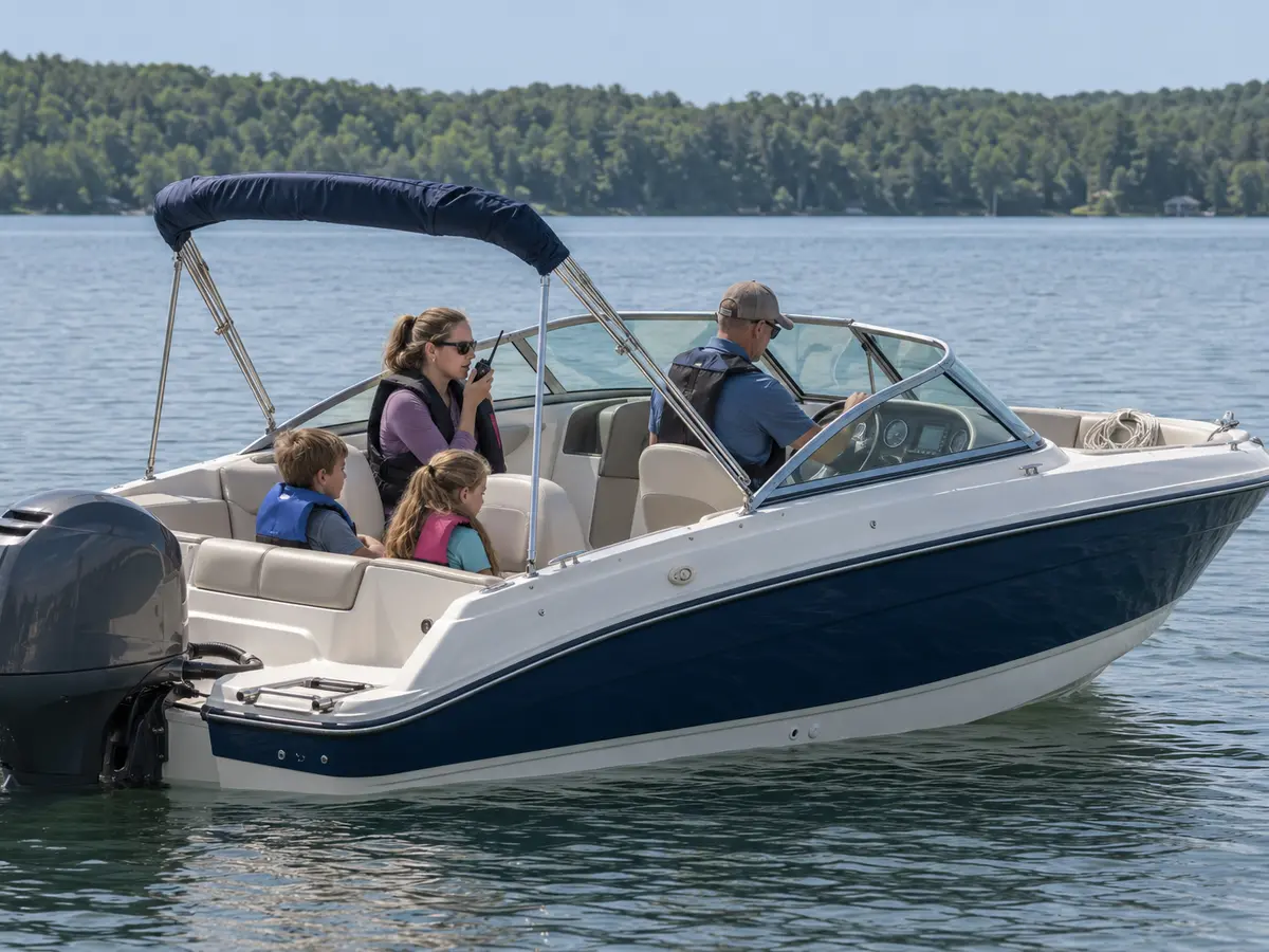 Family seated in fitted life jackets aboard a stopped powerboat while an adult uses a handheld VHF