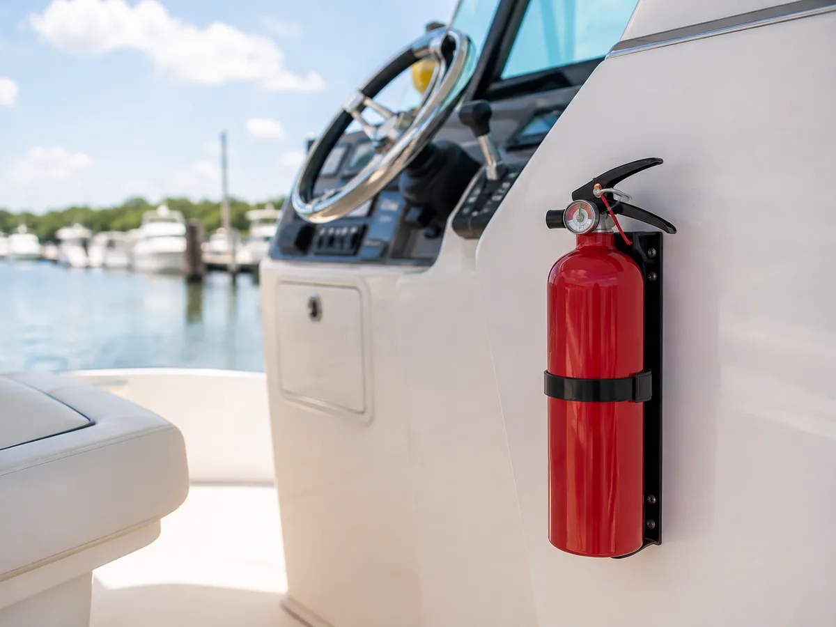 Unbranded red marine fire extinguisher secured in a reachable cockpit bracket