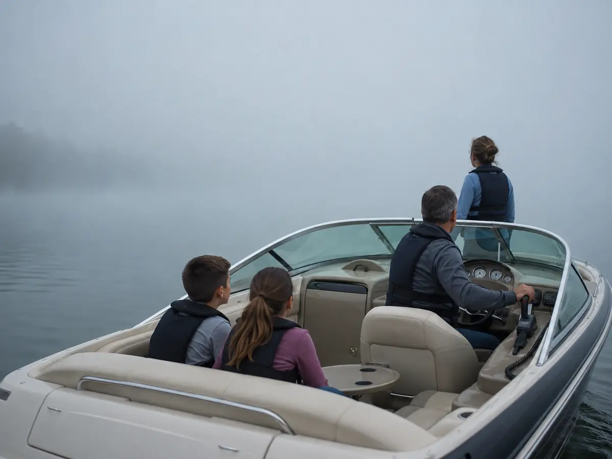 Family in fitted life jackets proceeding slowly in a powerboat through dense daytime fog