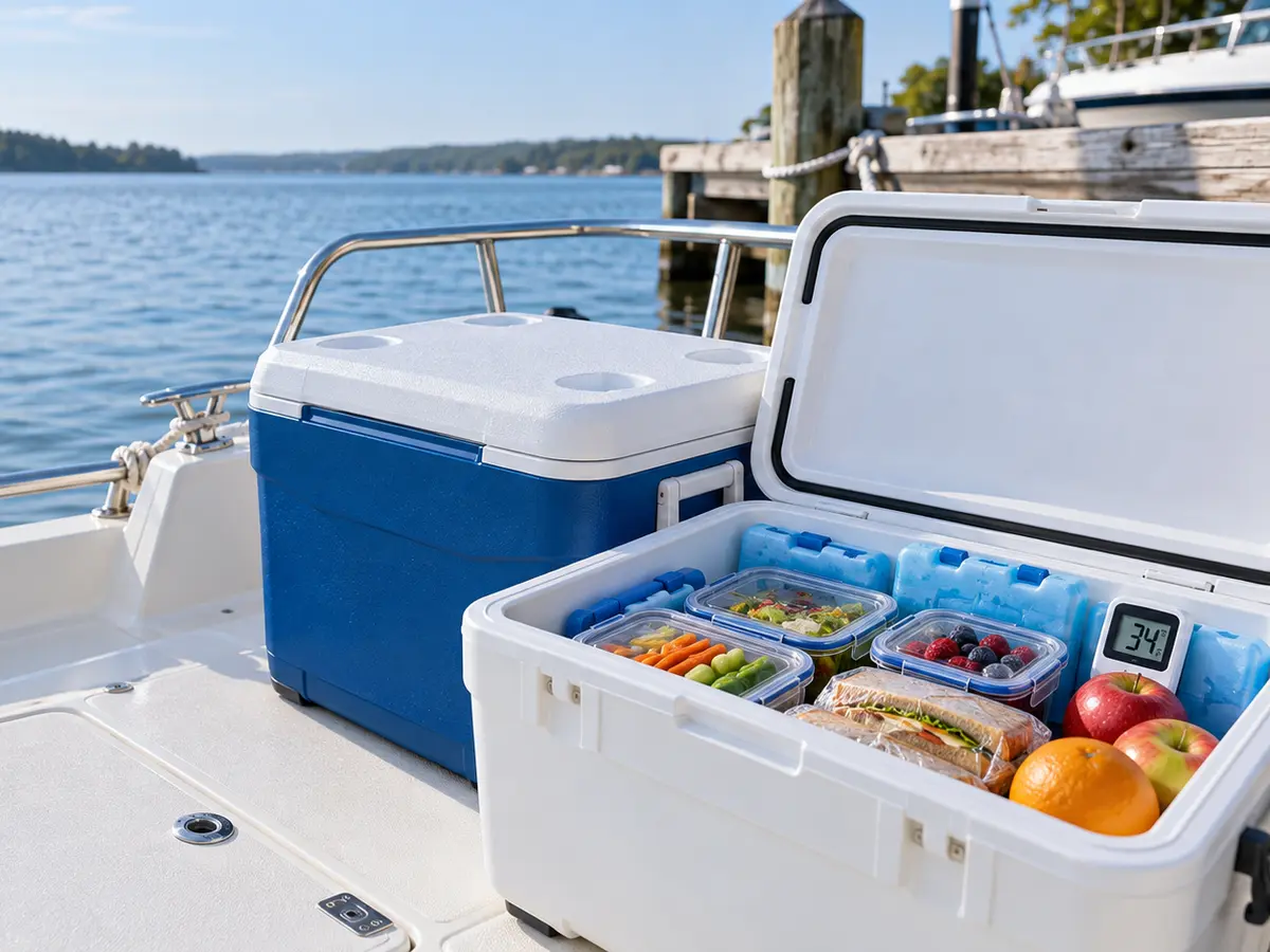 Separate drink and food coolers with frozen packs and a thermometer reading 34 degrees Fahrenheit
