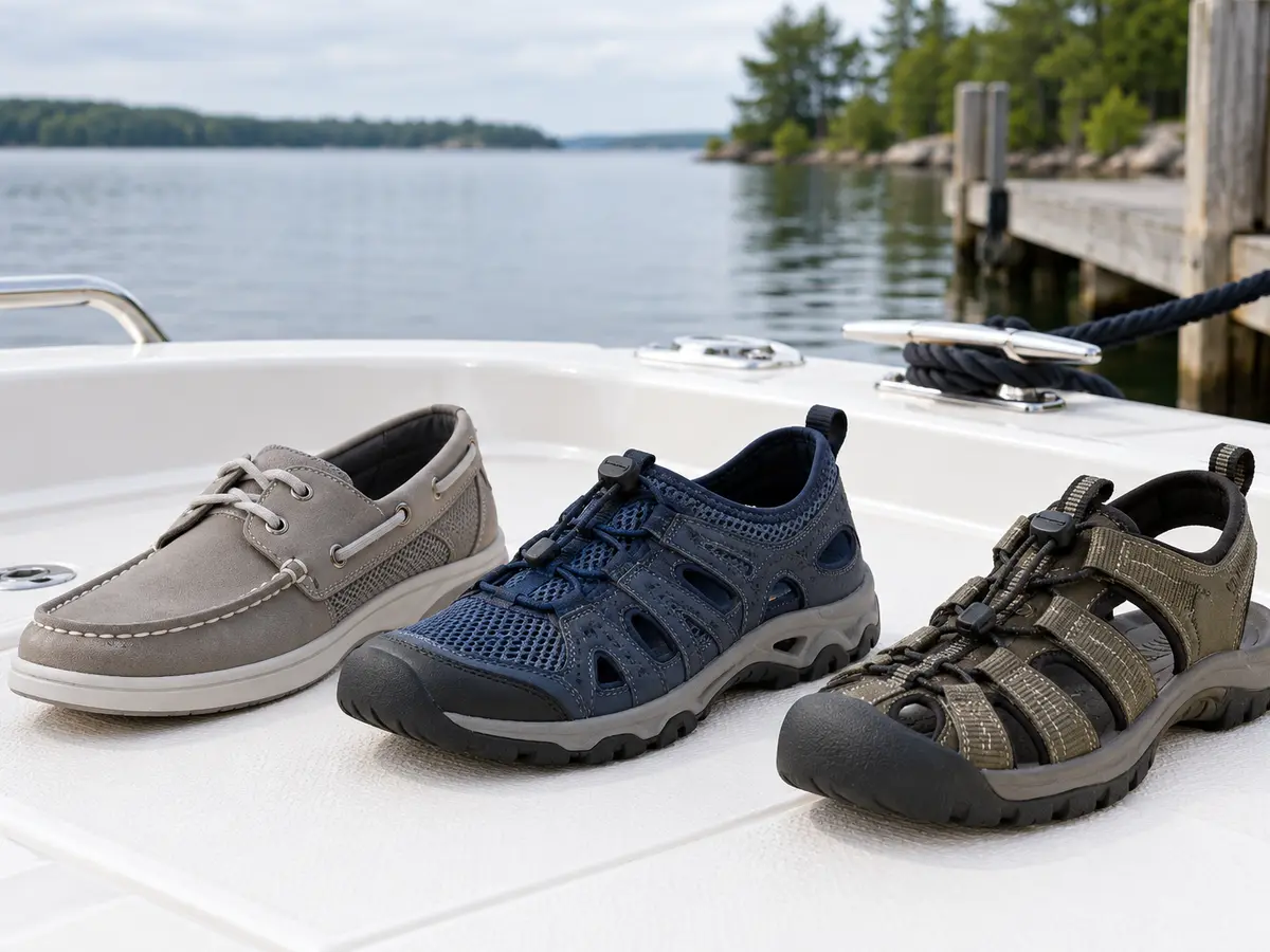Three unbranded footwear categories for boat use: deck shoe, water shoe and closed-toe sport sandal