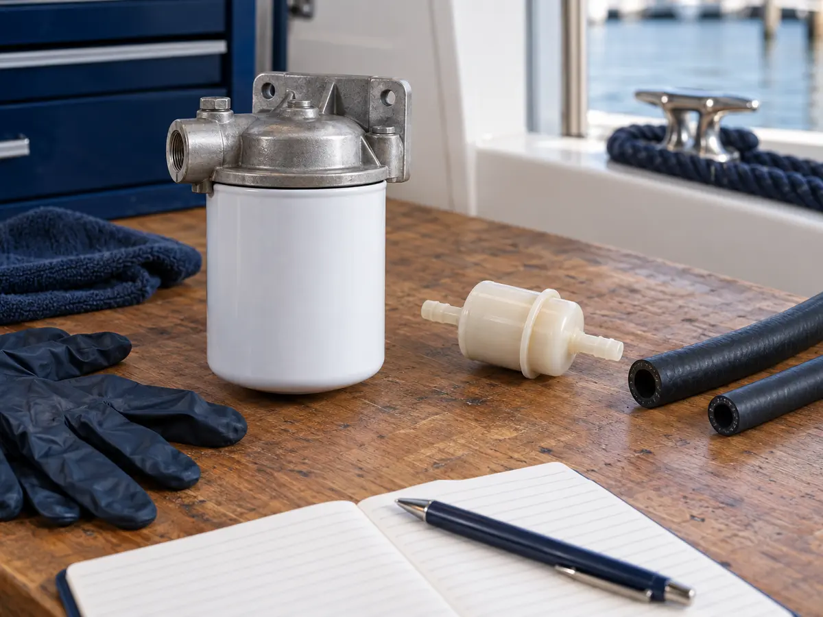 Illustrative unbranded marine fuel-filter components and maintenance log