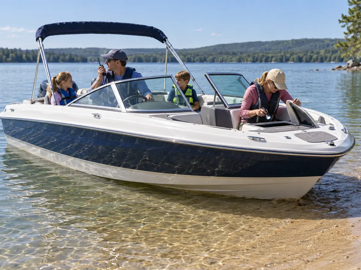 Life-jacketed family seated aboard a generic runabout resting on a soft sandy shoal while adults communicate and inspect from aboard