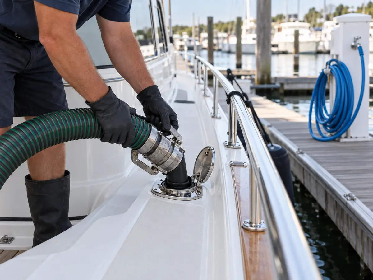 Illustrative sanitary pumpout hose connected to a secured cabin boat