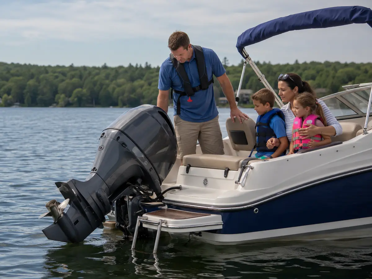 Life-jacketed family seated in a stopped powerboat while an adult observes a tilted outboard