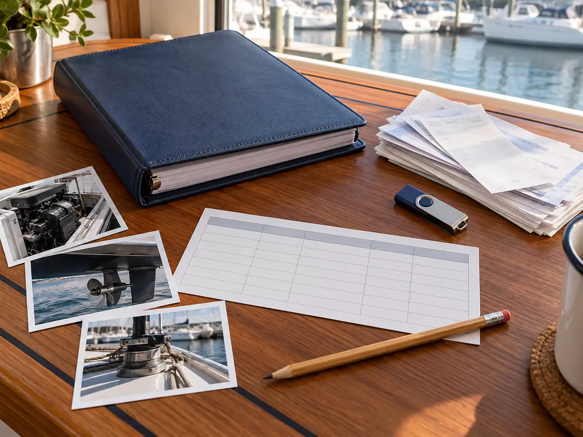 Conceptual boat maintenance binder, blank log card, receipts, USB drive and equipment photos on a marina desk