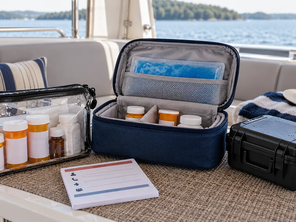 Conceptual medication storage pouches and cases on a boat table