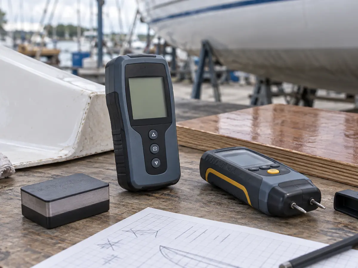 Illustrative unbranded pinless and pin-probe moisture meters with a calibration check block