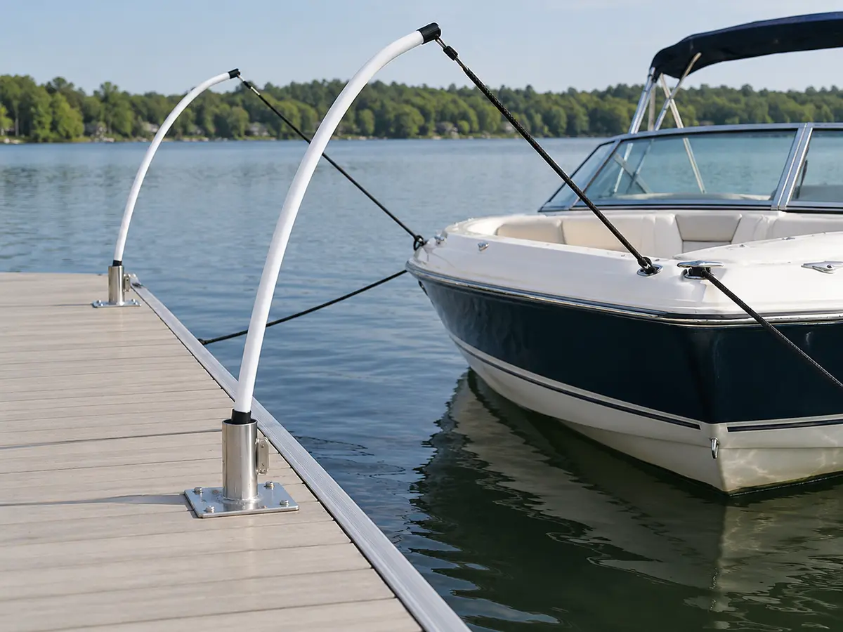 Conceptual unbranded runabout held clear of a dock by two fiberglass mooring whips with conventional lines also visible