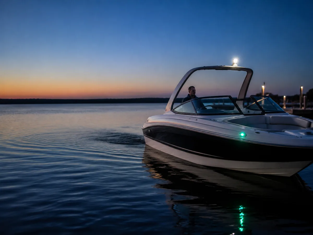 Small powerboat displaying green starboard and white all-round navigation lights at blue hour