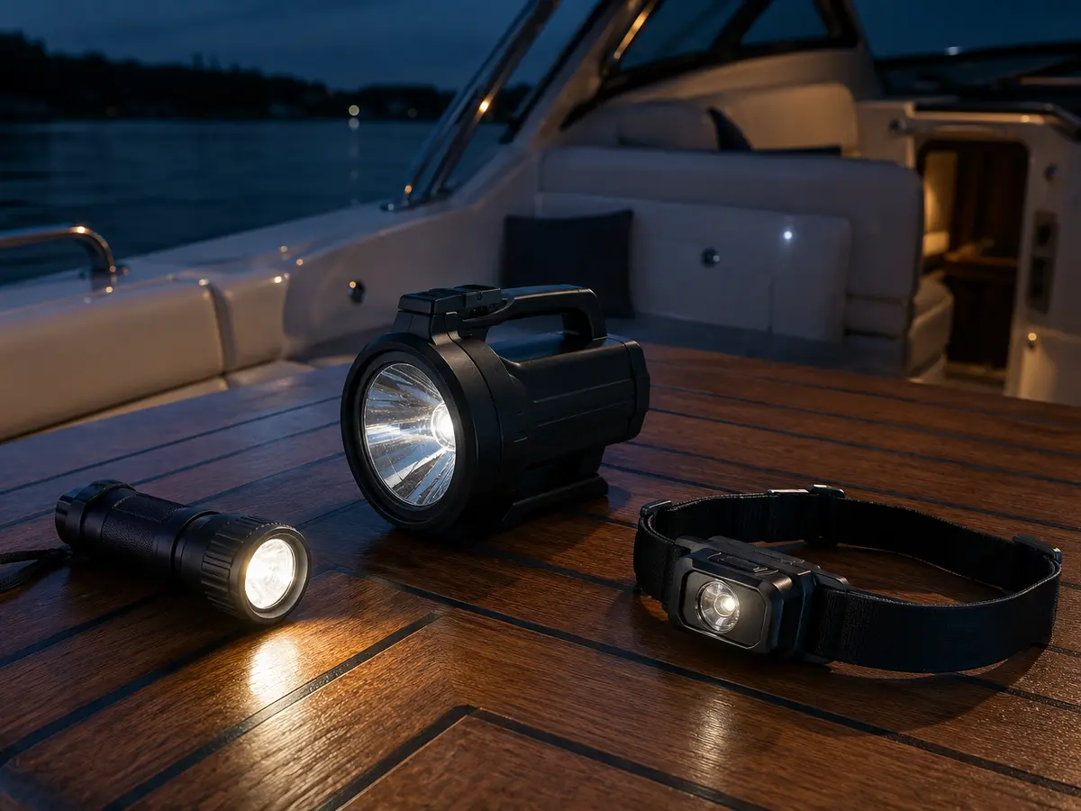 Unbranded handheld flashlight, handheld spotlight and headlamp on a boat cockpit table