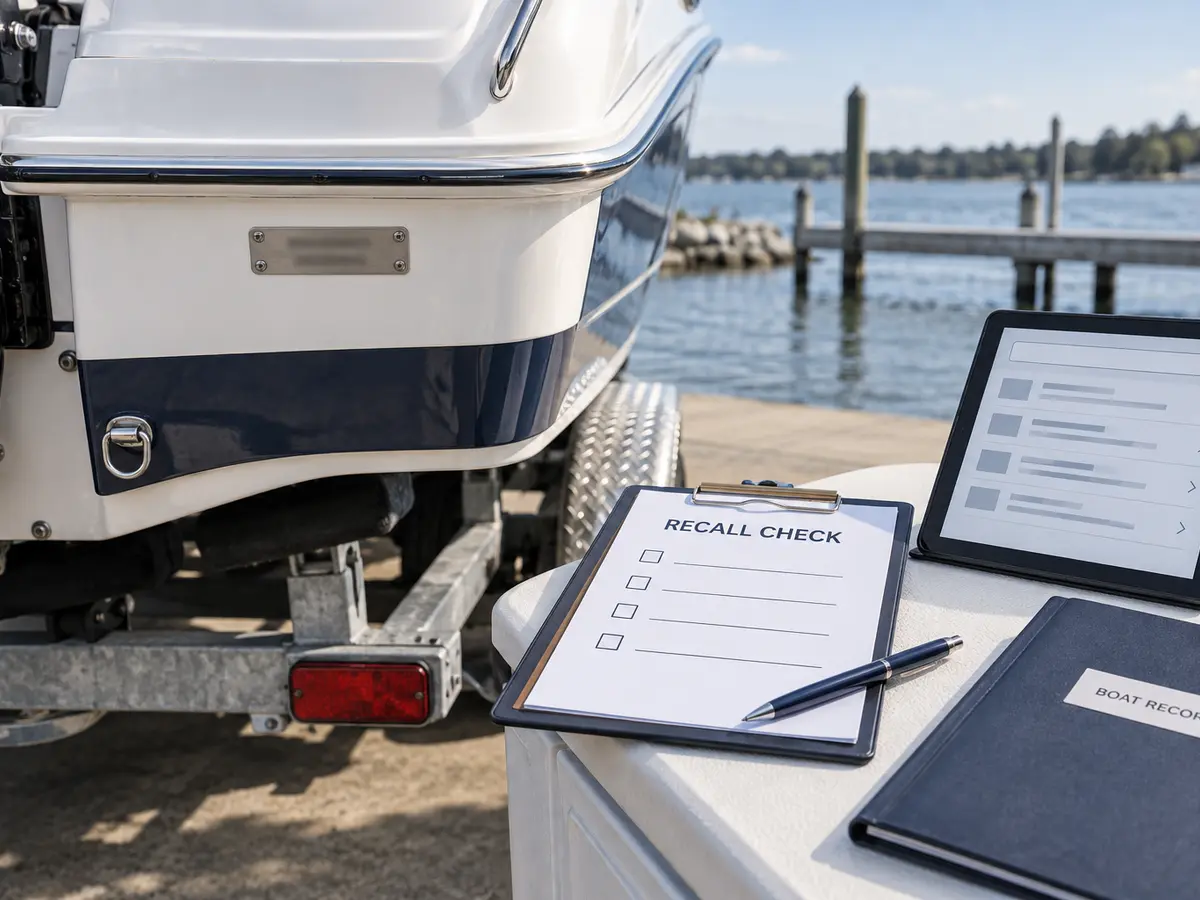 Illustrative boat recall checklist beside an unreadable hull-identification plate