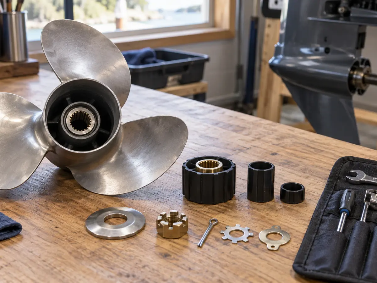Illustrative unbranded boat propeller, hub parts and retaining hardware on a workshop bench