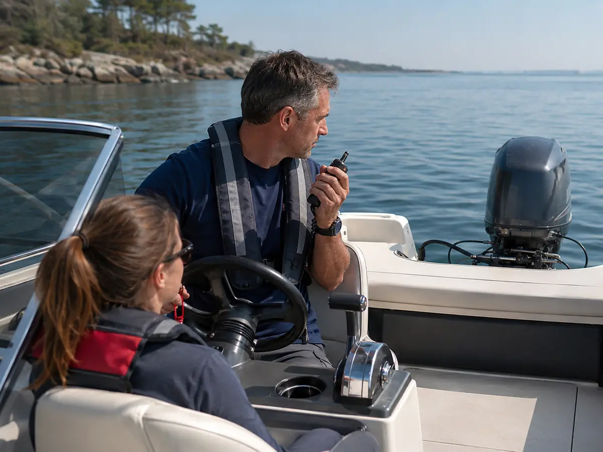Life-jacketed operator using a marine VHF while checking an outboard steering system