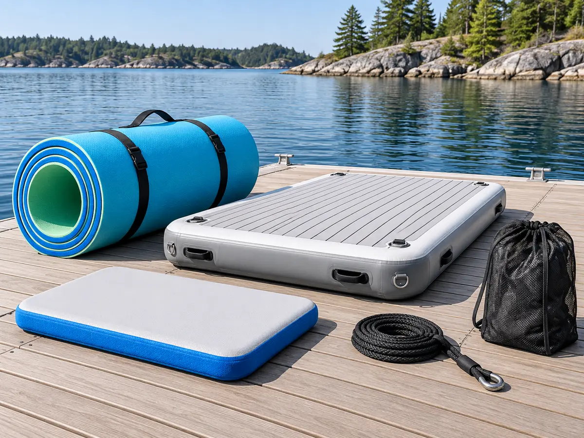 Unbranded rolled foam mat, inflatable dock and compact floating pad shown as three distinct swim-platform categories