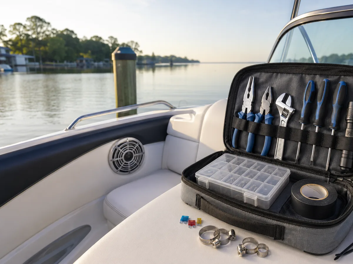 Compact boat tool kit with practical hand tools, fuses, clamps and tape