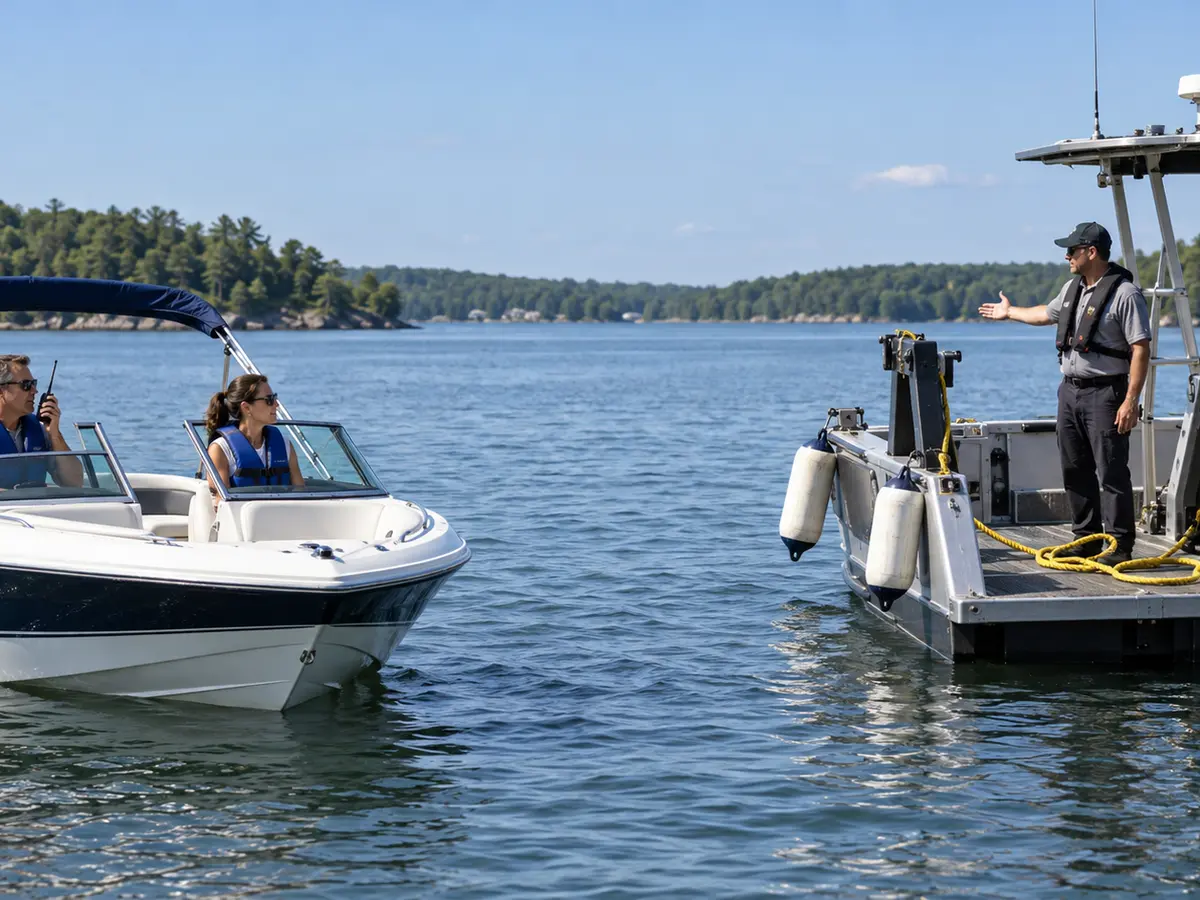 Illustrative disabled runabout communicating with a generic professional assistance vessel before a towline is loaded