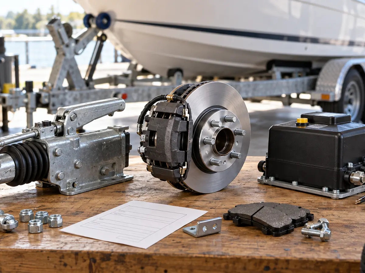 Illustrative unbranded boat-trailer brake components shown disconnected