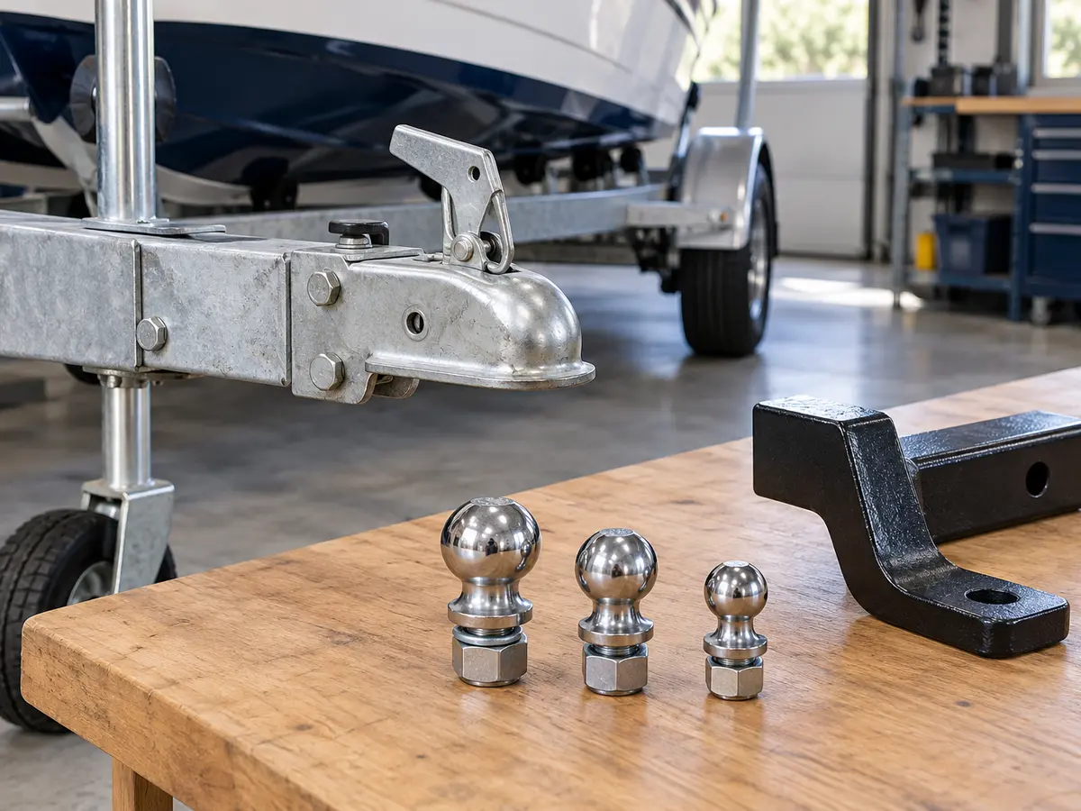 Illustrative unbranded coupler, hitch balls and ball mount shown disconnected