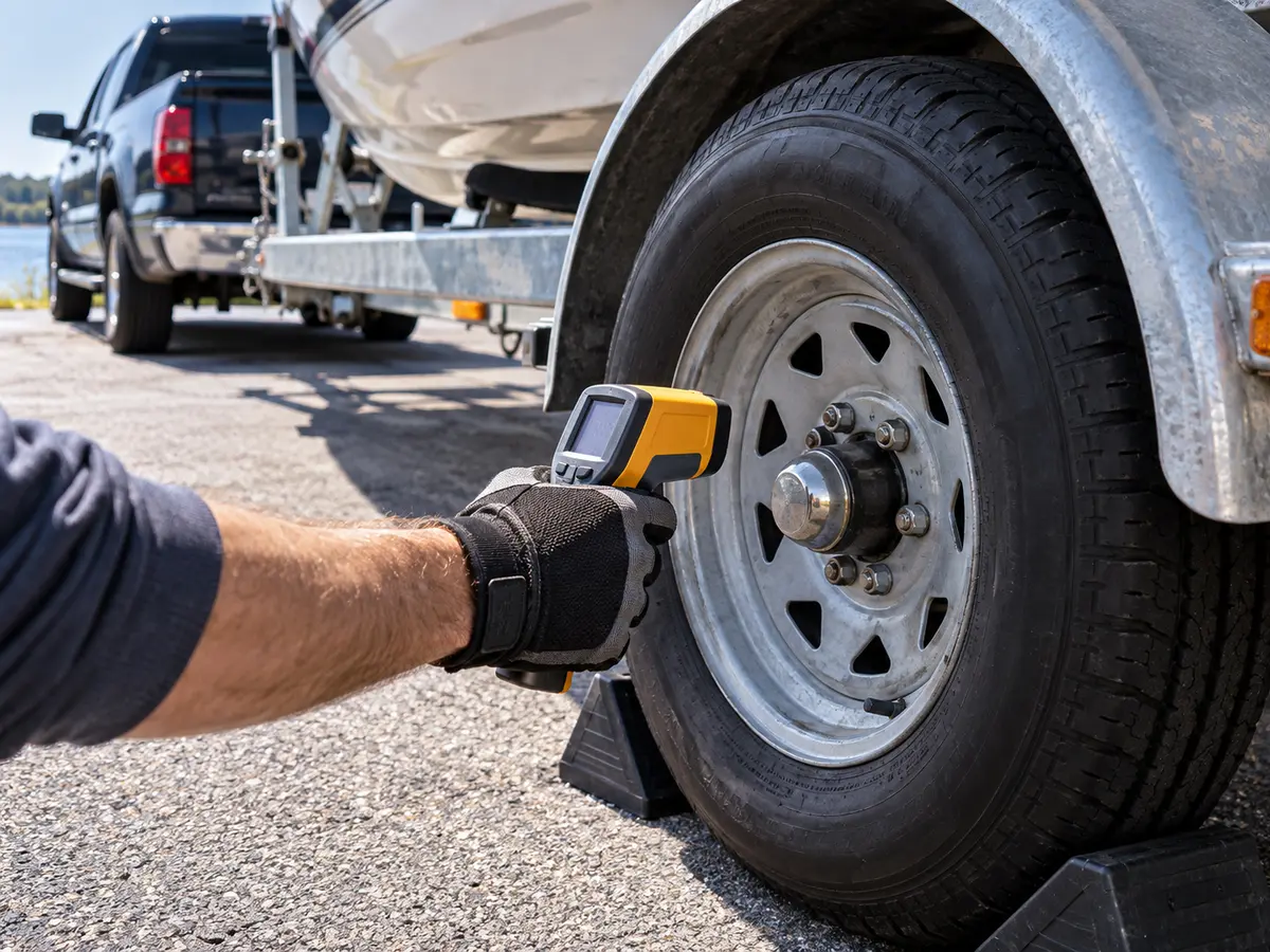 Gloved adult checking an unbranded boat-trailer wheel hub with an infrared thermometer while the coupled rig is parked and chocked
