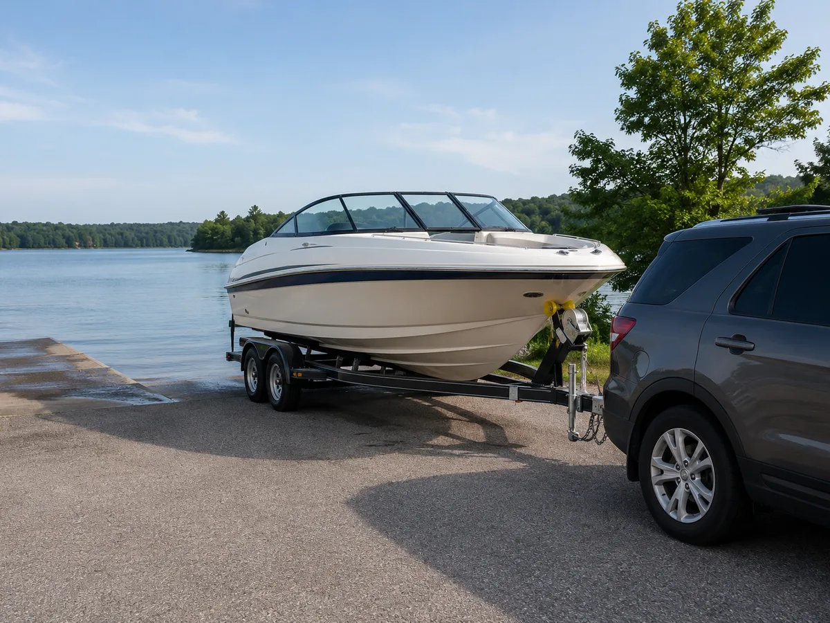 Family powerboat secured on a tandem trailer beside a launch ramp