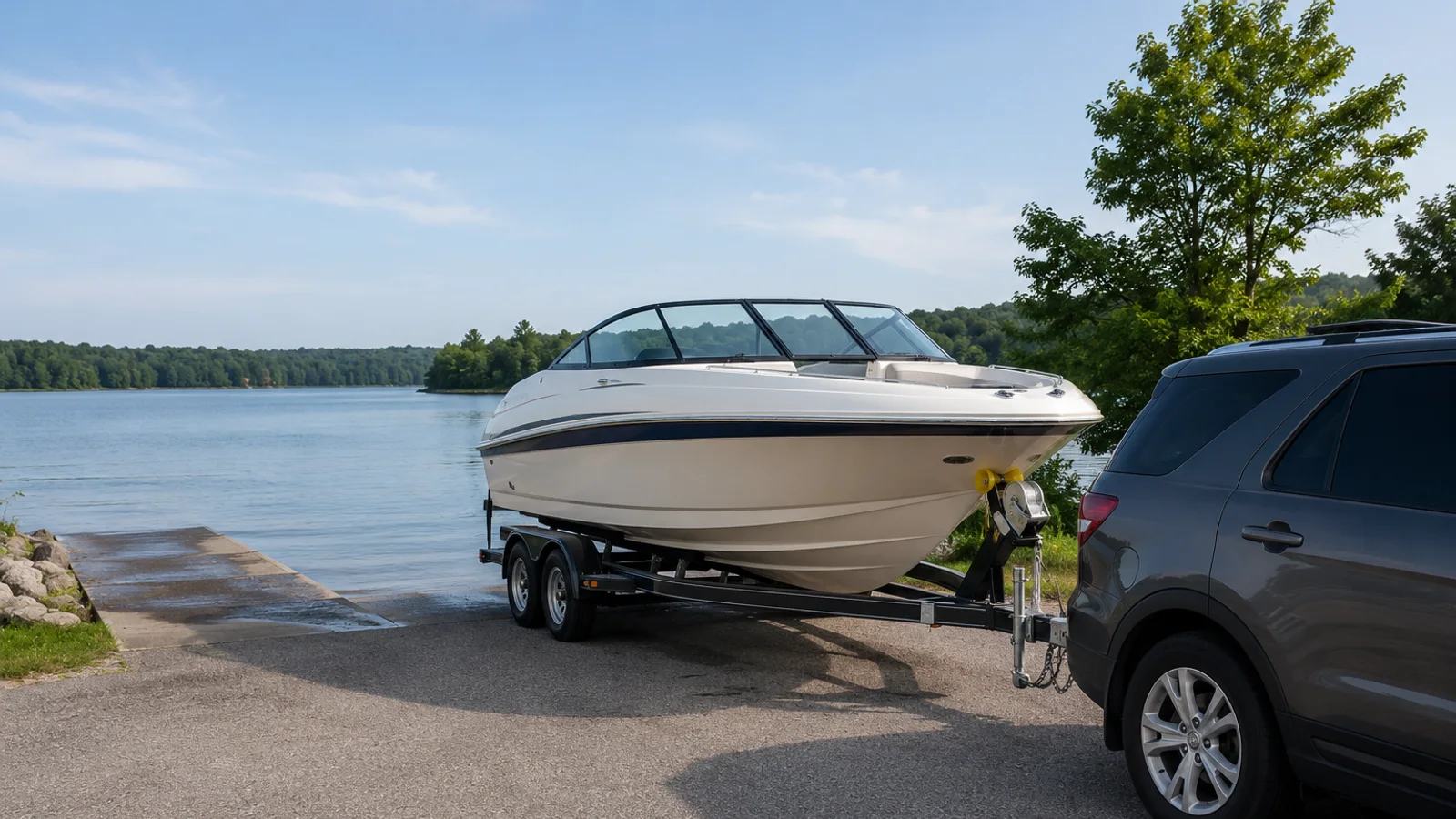 Family powerboat secured on a tandem trailer for staging and inspection