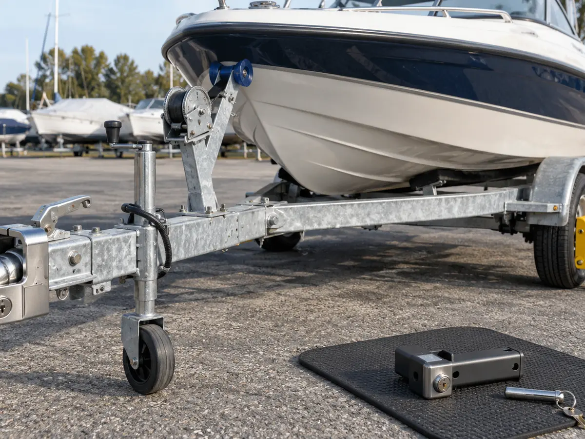 Unbranded boat trailer secured by a fitted coupler lock and wheel clamp with separate receiver-style security hardware nearby