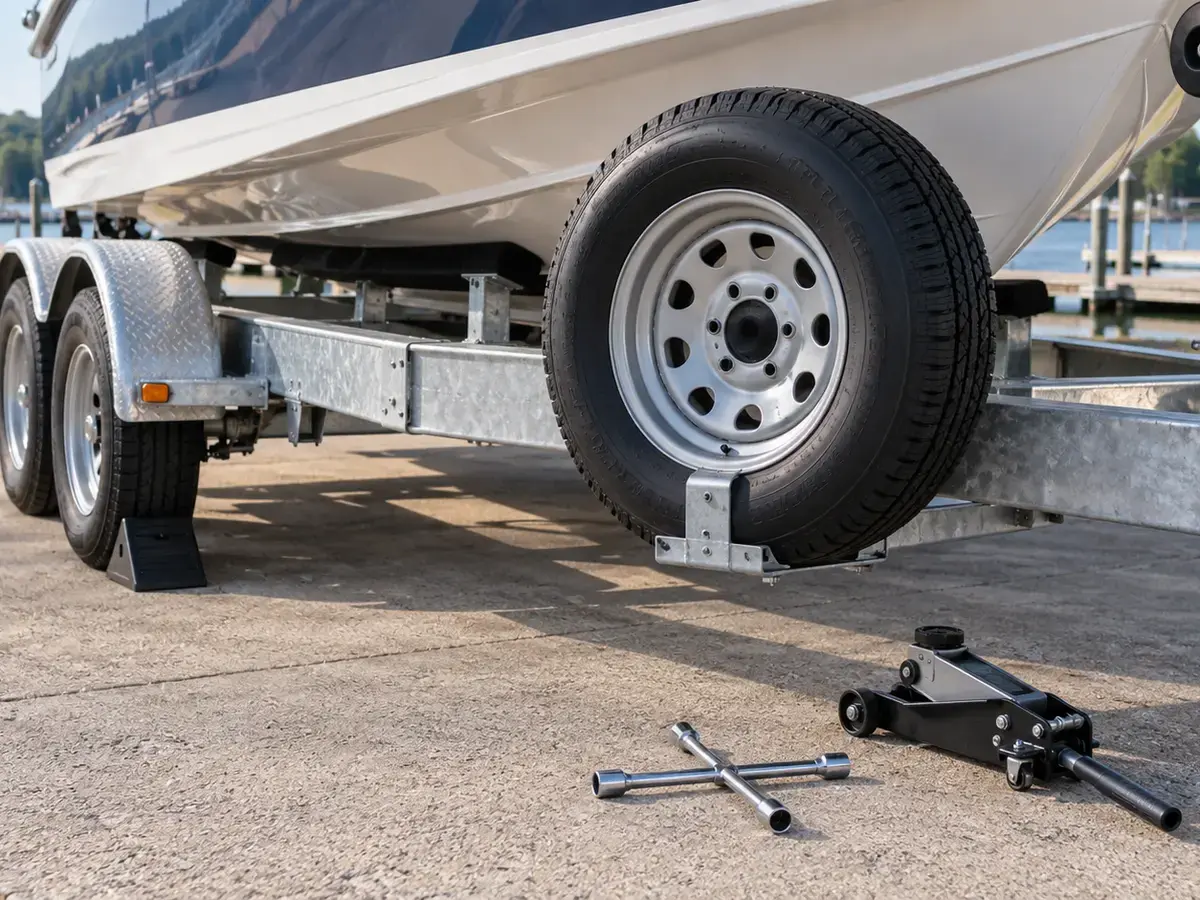 Unbranded spare tire mounted on a galvanized boat trailer with a chocked wheel and compatible roadside tools nearby