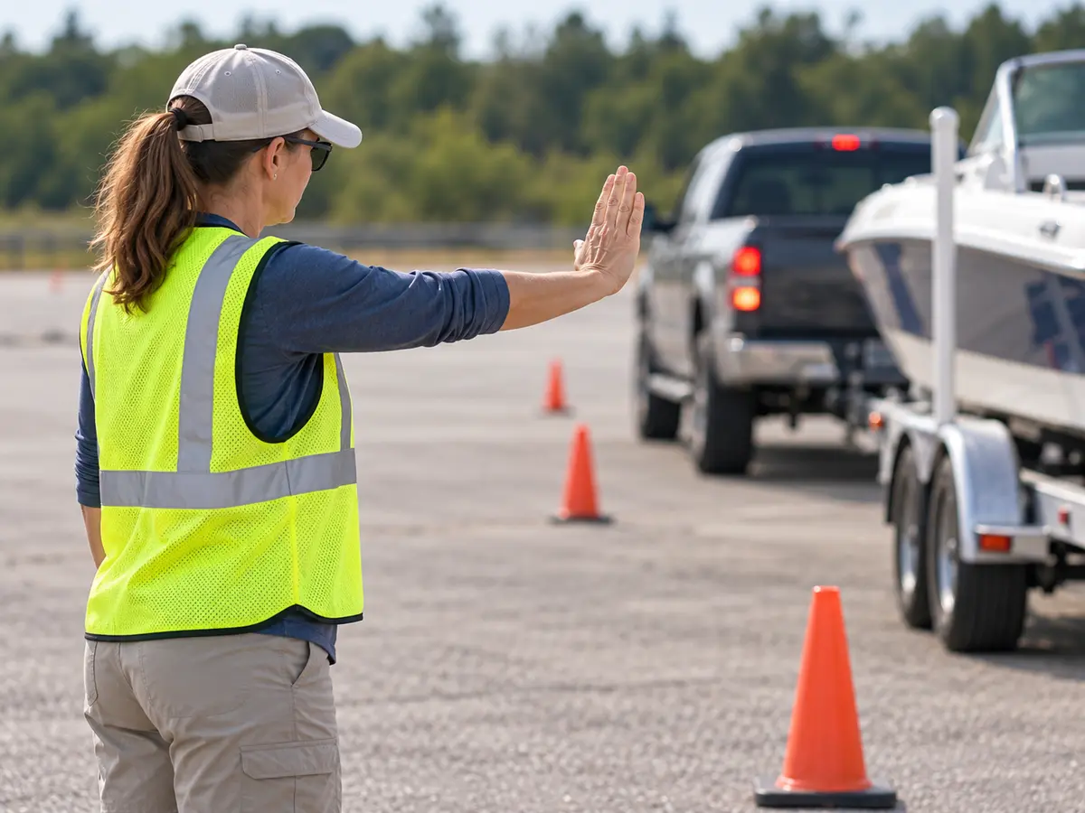 Adult spotter gives a flat-palm stop signal from a safe driver-side position in an empty practice lot