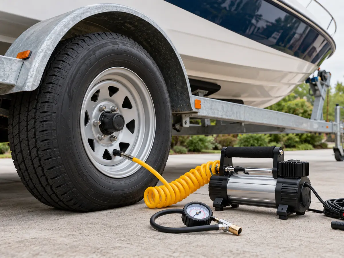 Unbranded portable tire inflator, hose and gauge beside a boat-trailer tire