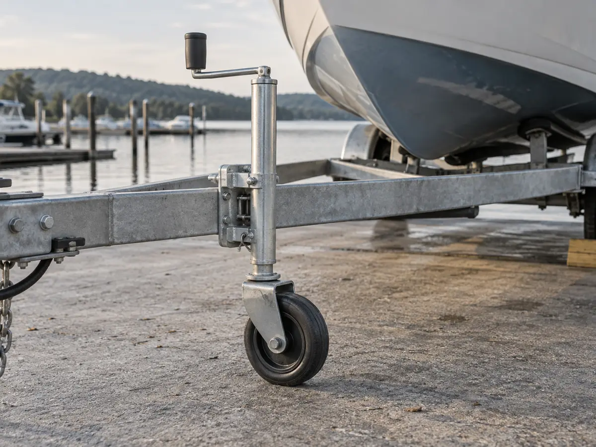 Unbranded galvanized single-wheel tongue jack supporting a chocked boat trailer